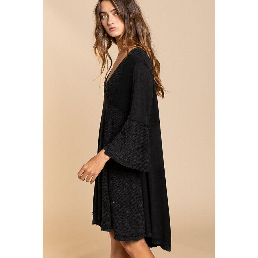 POL Clothing Acid Black V Neck Tunic Dress Summer Boho Bohemian Long Sleeve New - Picture 2 of 5